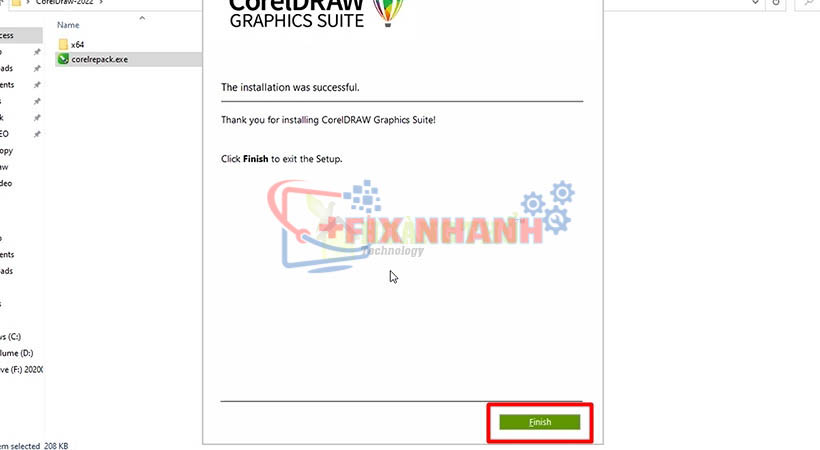 Chọn Finish hoàn thành download CorelDraw 2022.