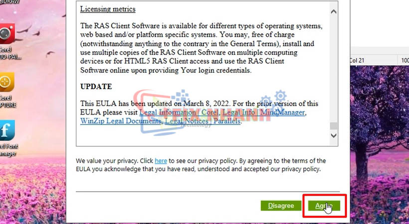 Chọn Agree để đồng ý tải CorelDraw 2022.
